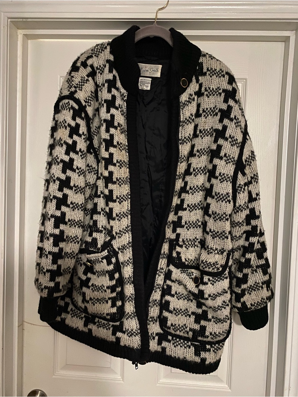 Black & White Houndstooth Knit Coatigan by London Fog